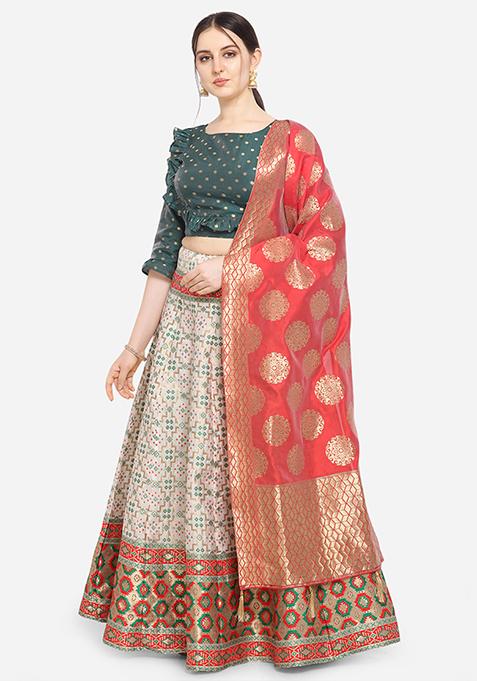 Off White Woven Zari Jacquard Lehenga Set