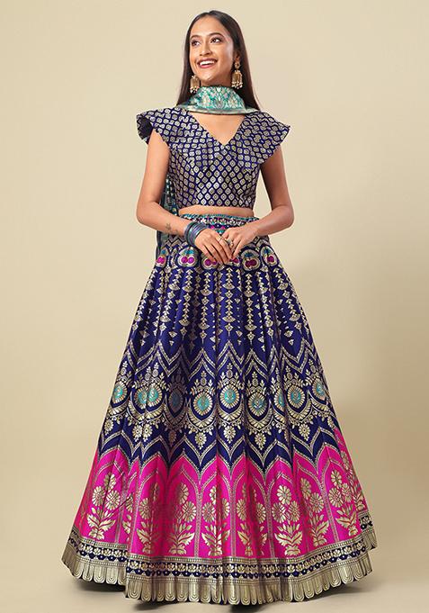 Blue Woven Zari Work Lehenga Set