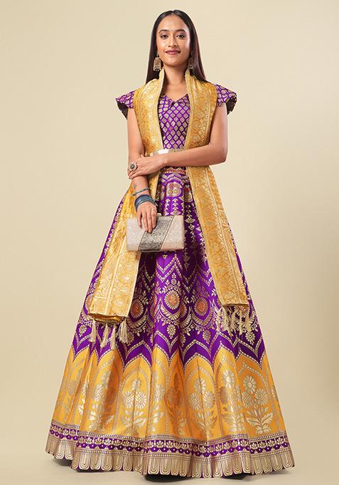 Purple And Yellow Woven Zari Work Jacquard Lehenga Set