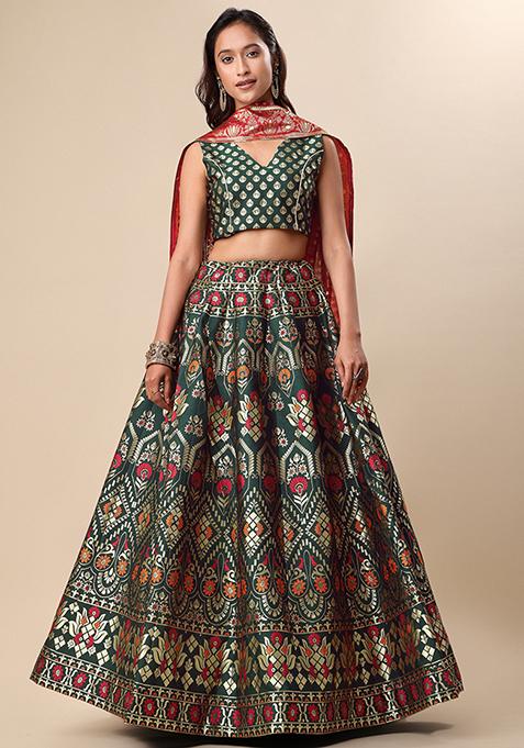 Dark Green Woven Zari Jacquard Lehenga Set