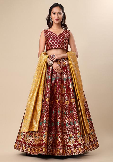 Maroon Woven Zari Jacquard Lehenga Set