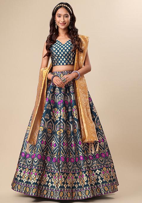 Teal Woven Zari Embroidered Jacquard Lehenga Set