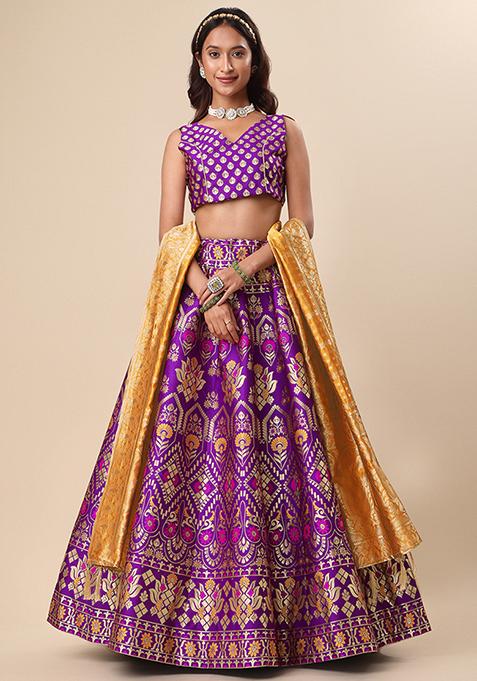 Purple Woven Zari Jacquard Lehenga Set