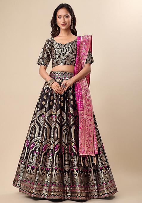 Black Woven Zari Embroidered Lehenga Set