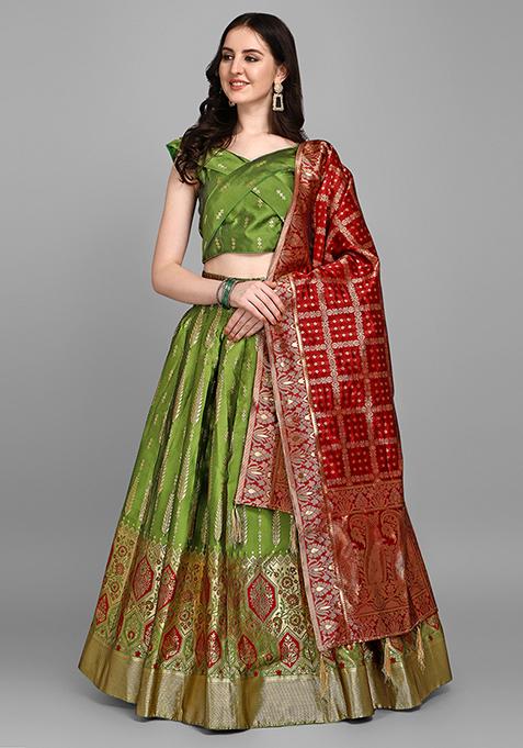 Mehendi Woven Zari Jacquard Lehenga Set