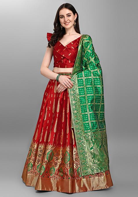 Red  Zari Work Jacquard Lehenga Set