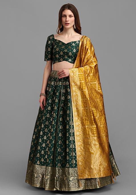 Dark Green Woven Zari Jacquard Lehenga Set