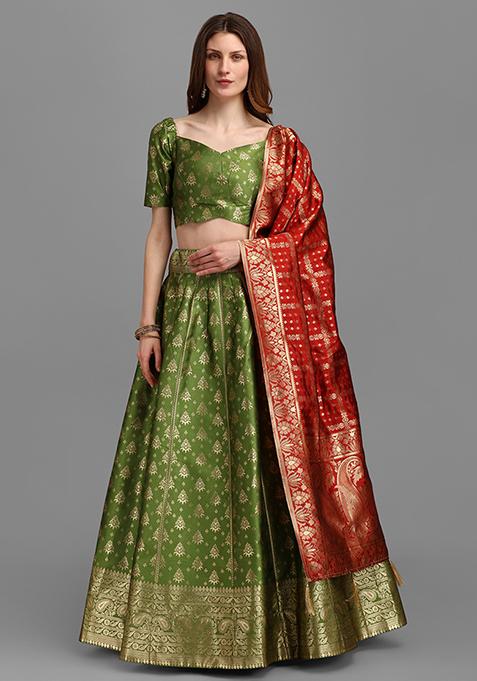 Mehendi Woven Zari Work Jacquard Lehenga Set