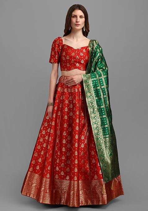 Red Woven Zari Work Jacquard Lehenga Set