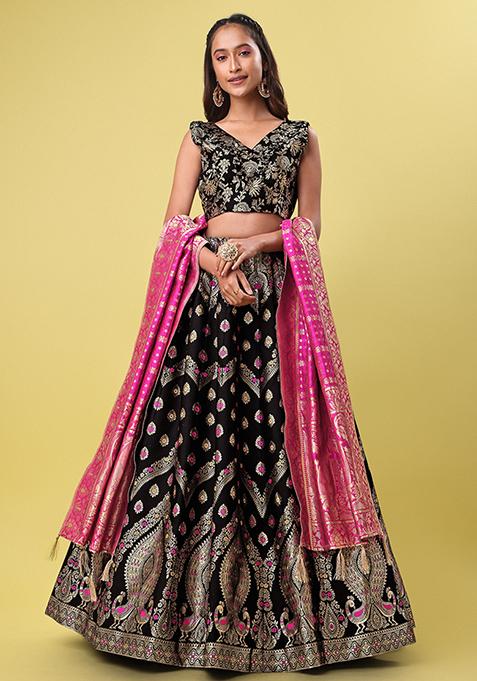 Black Woven Zari Embroidered Jacquard Lehenga Set