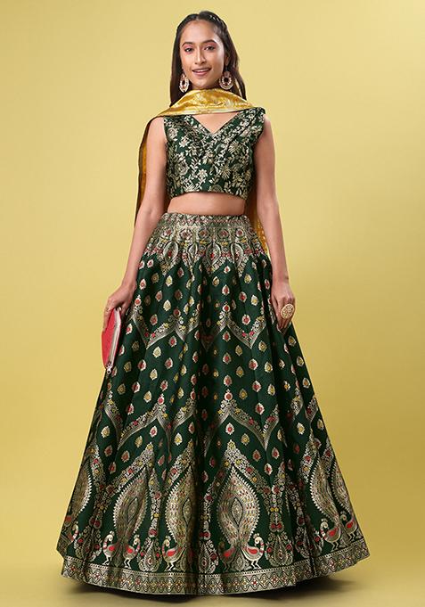 Dark Green Woven Zari Jacquard Lehenga Set