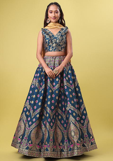 Teal Blue Woven Zari Embroidered Jacquard Lehenga Set