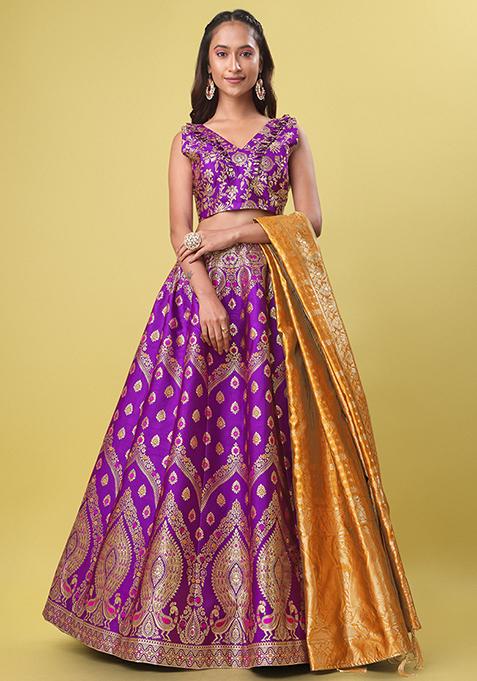 Purple  Zari Work Jacquard Lehenga Set