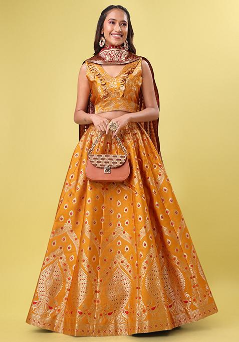 Orange Woven Zari Jacquard Lehenga Set