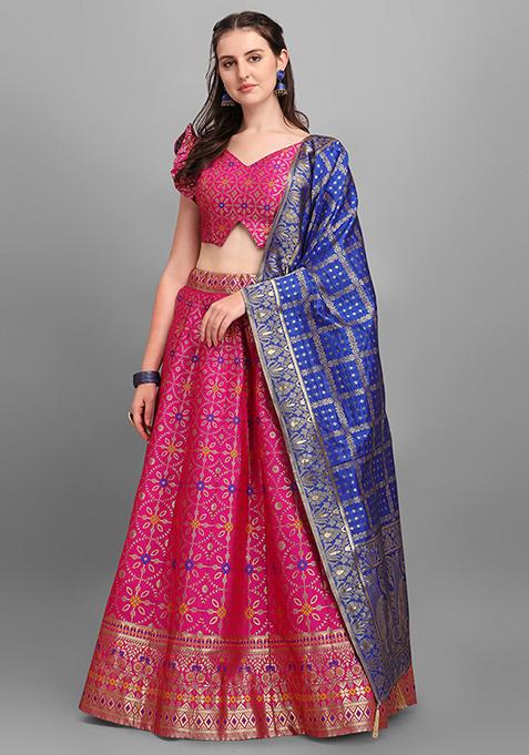 Rani Pink Woven Zari Jacquard Lehenga Set