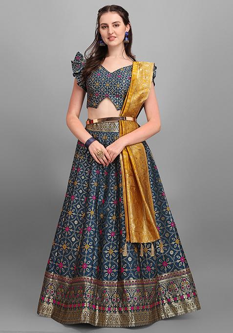 Teal Blue Woven Zari Work Jacquard Lehenga Set