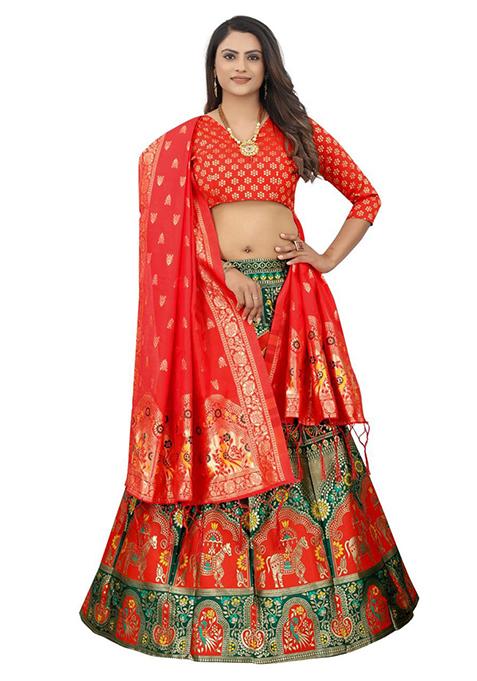 Green Brocade Zari Woven Lehenga Set