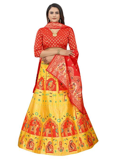 Yellow Brocade Zari Woven Lehenga Set