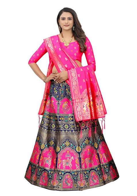 Blue Brocade Zari Woven Lehenga Set