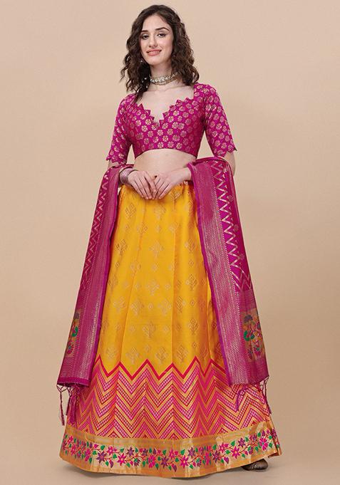 Mustard Yellow Brocade Zari Woven Lehenga Set