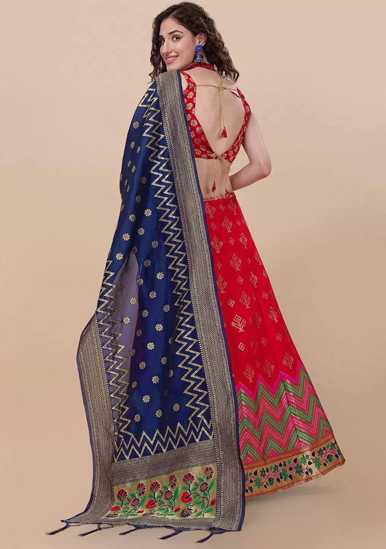Red Brocade Zari Woven Lehenga Set