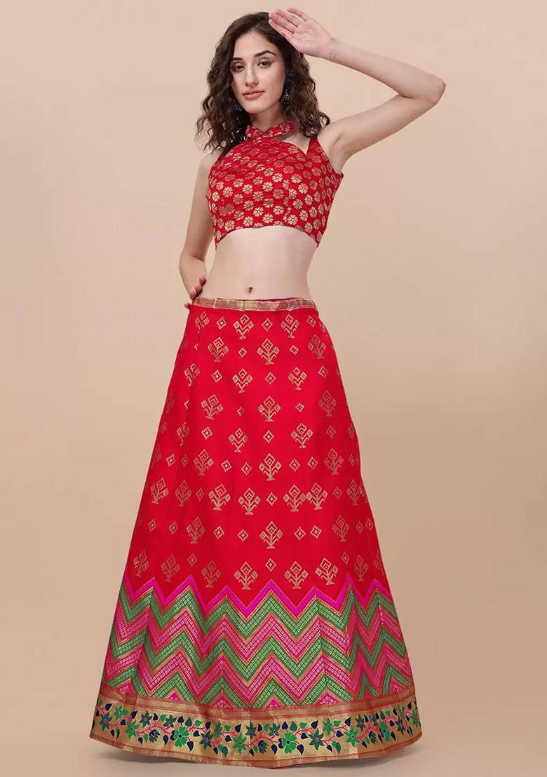 Red Brocade Zari Woven Lehenga Set