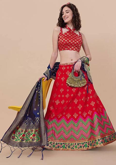 Red Brocade Zari Woven Lehenga Set