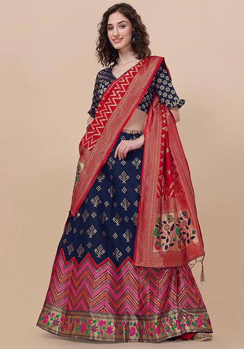 Navy Blue Brocade Zari Woven Lehenga Set