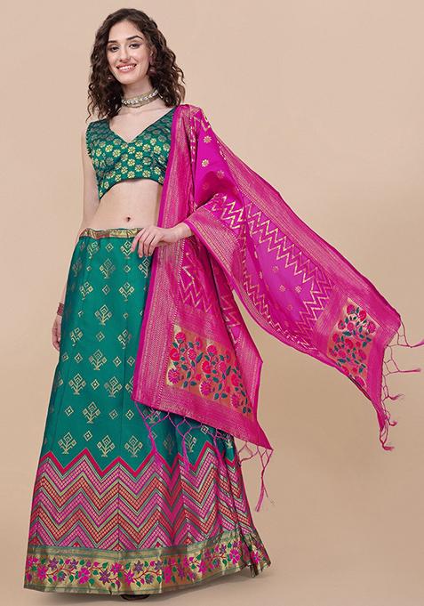 Teal Brocade Zari Woven Embroidered Lehenga Set