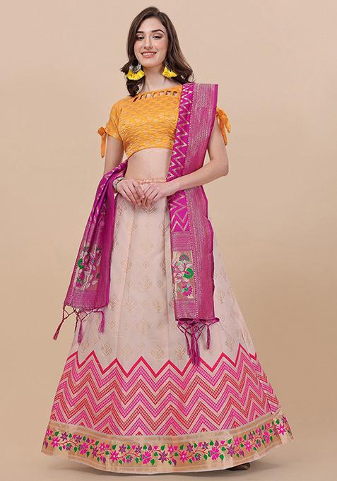 Peach Brocade Zari Woven Embroidered Lehenga Set