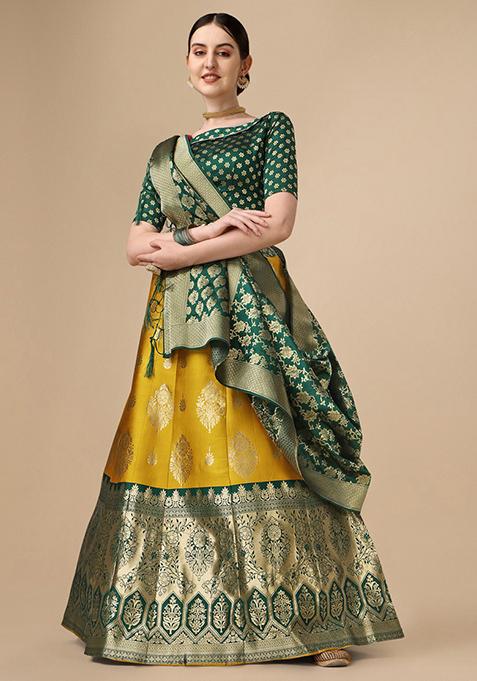 Yellow Brocade Zari Woven Embroidered Lehenga Set