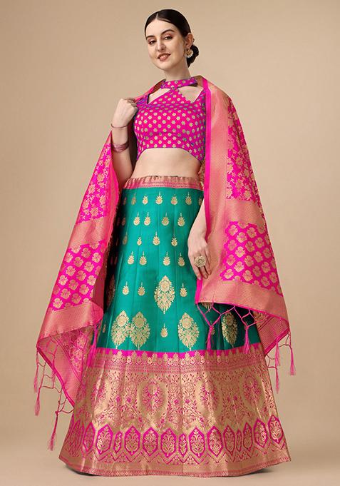 Rama Green Brocade Zari Woven Embroidered Lehenga Set