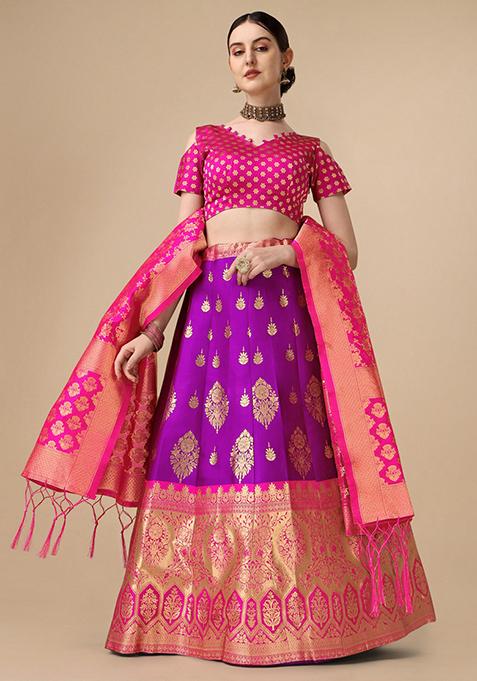 Purple Brocade Zari Woven Embroidered Lehenga Set