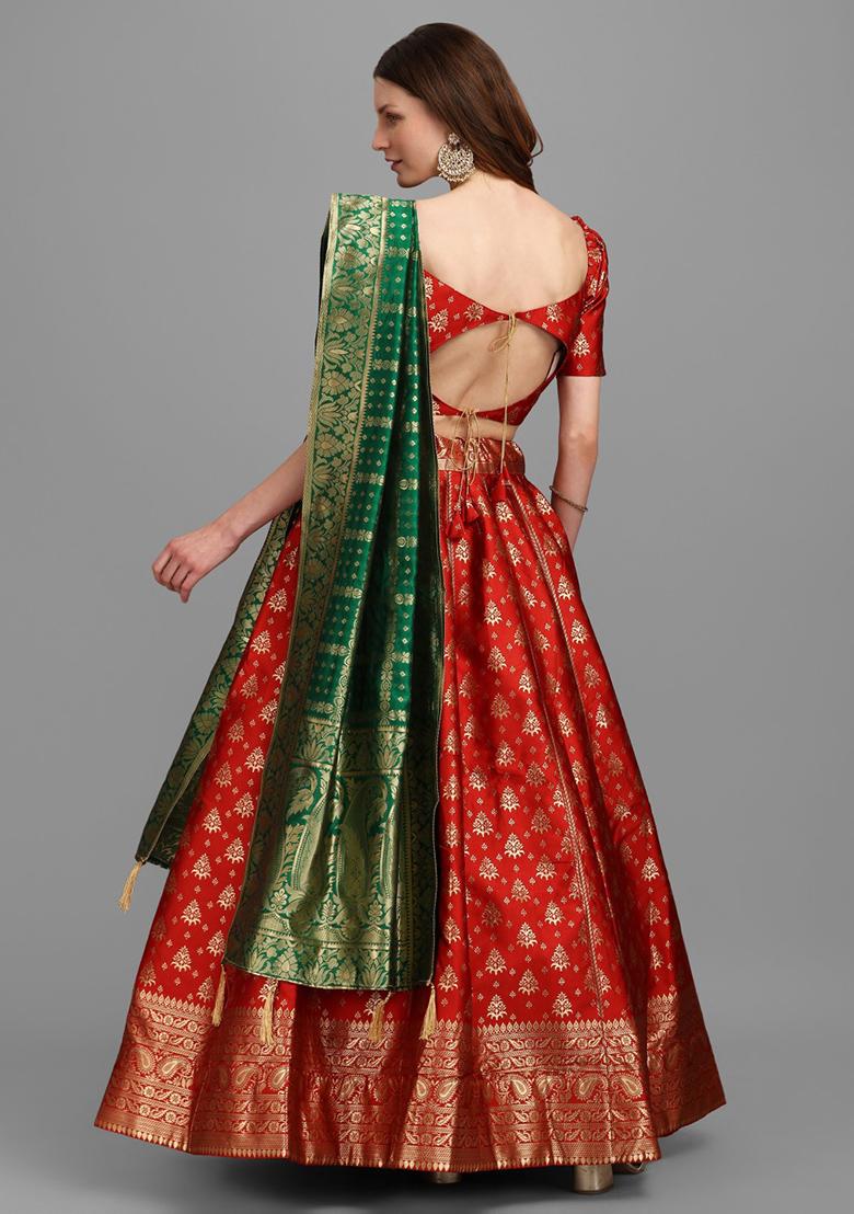Red Embroidered Brocade Lehenga Set