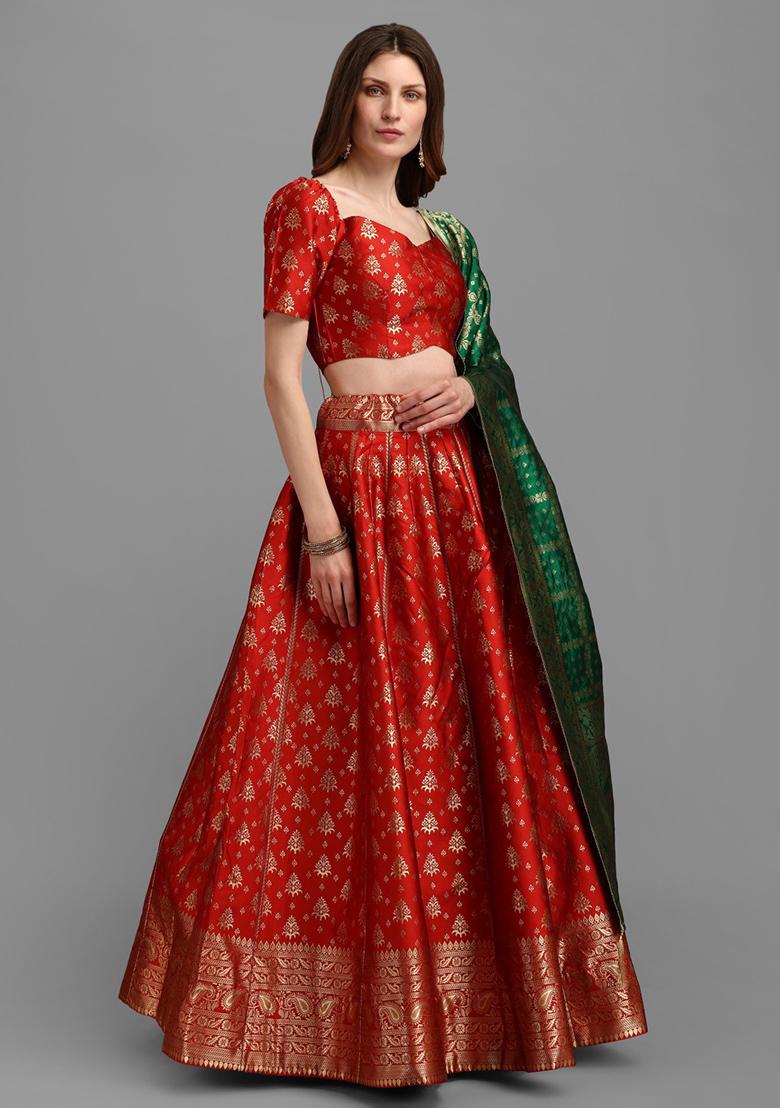 Red Embroidered Brocade Lehenga Set