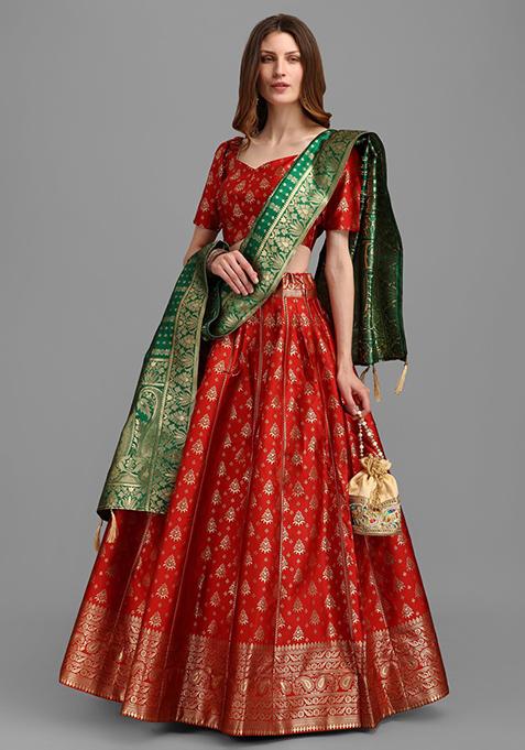 Red Embroidered Brocade Lehenga Set