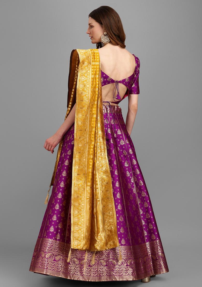 Purple Zari Woven Embroidered Brocade Lehenga Set