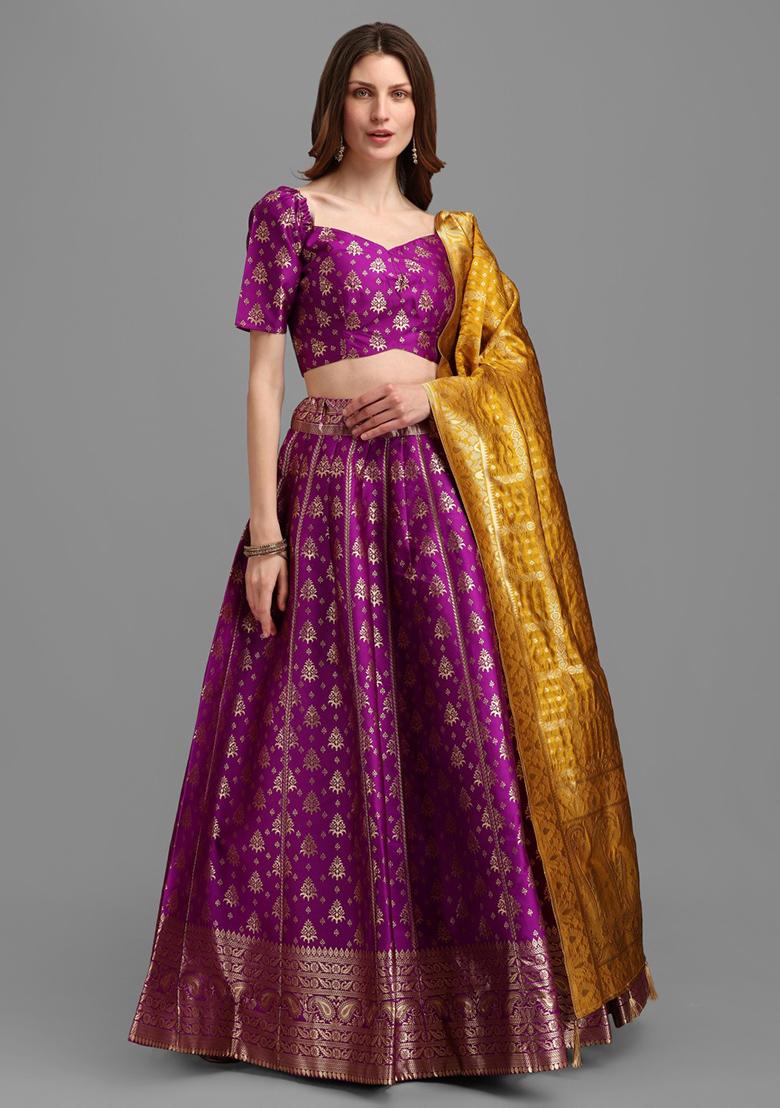 Purple Zari Woven Embroidered Brocade Lehenga Set