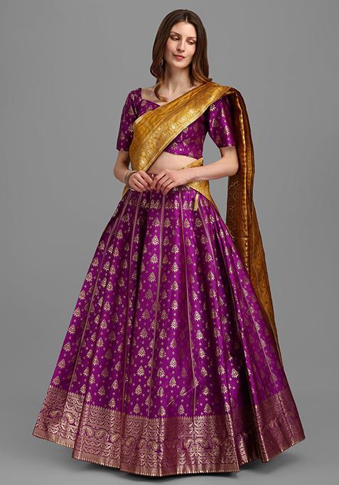 Purple Zari Woven Embroidered Brocade Lehenga Set