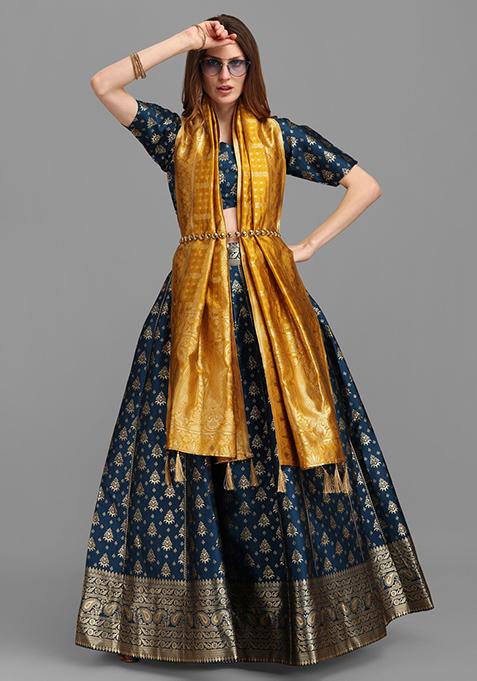 Rama Blue Embroidered Brocade Woven Lehenga Set