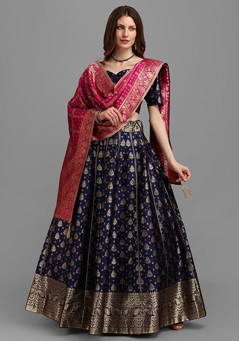 Blue Embroidered Brocade Zari Woven Lehenga Set