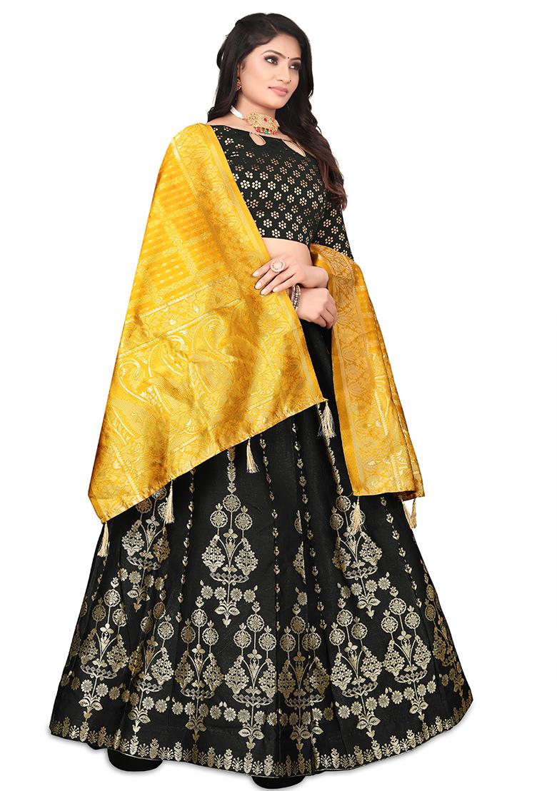 Black Zari Woven Embroidered Brocade Lehenga Set