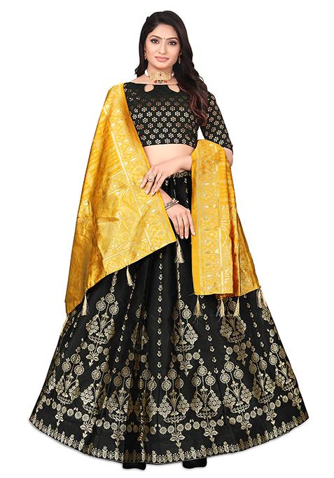 Black Zari Woven Embroidered Brocade Lehenga Set