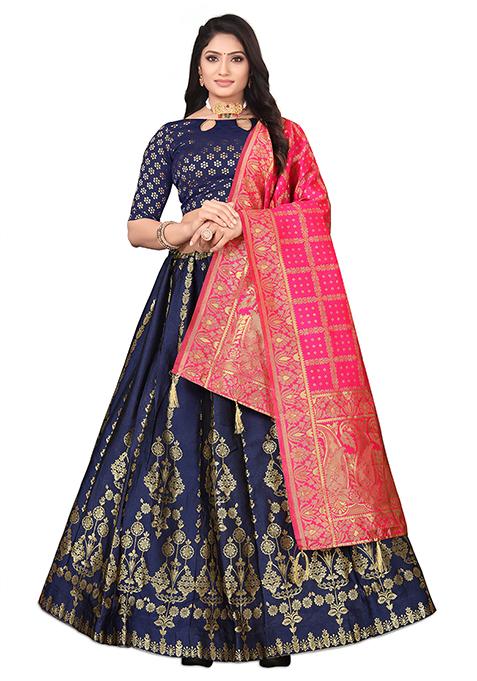 Navy Blue Zari Woven Embroidered Brocade Lehenga Set