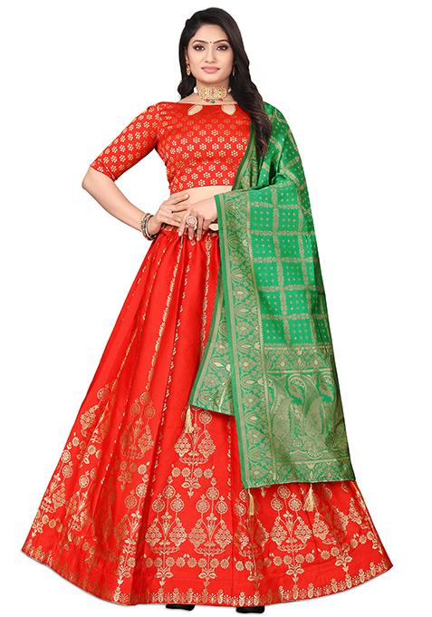 Red Embroidered Brocade Zari Woven Lehenga Set