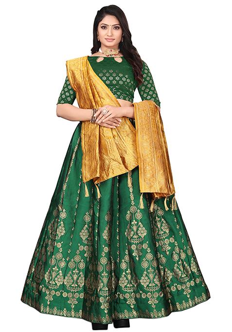 Green Zari Woven Embroidered Brocade Lehenga Set