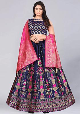 Blue Zari Woven Embroidered Brocade Lehenga Set