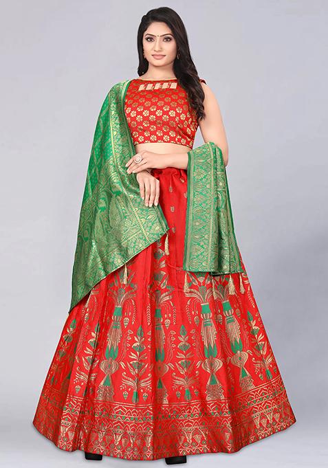 Red Zari Woven Embroidered Brocade Lehenga Set