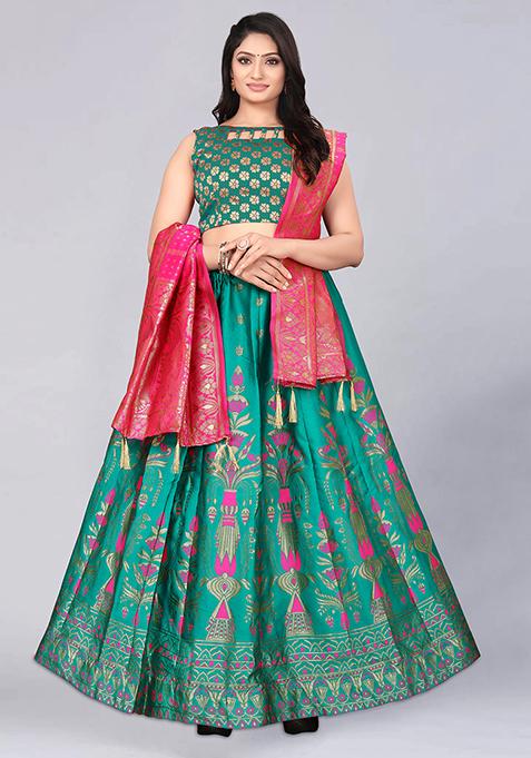 Rama Green Zari Woven Embroidered Brocade Lehenga Set