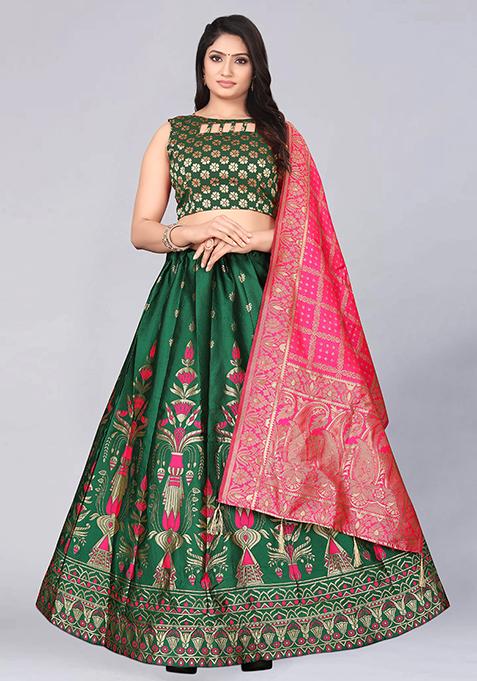 Green Embroidered Brocade Zari Woven Lehenga Set